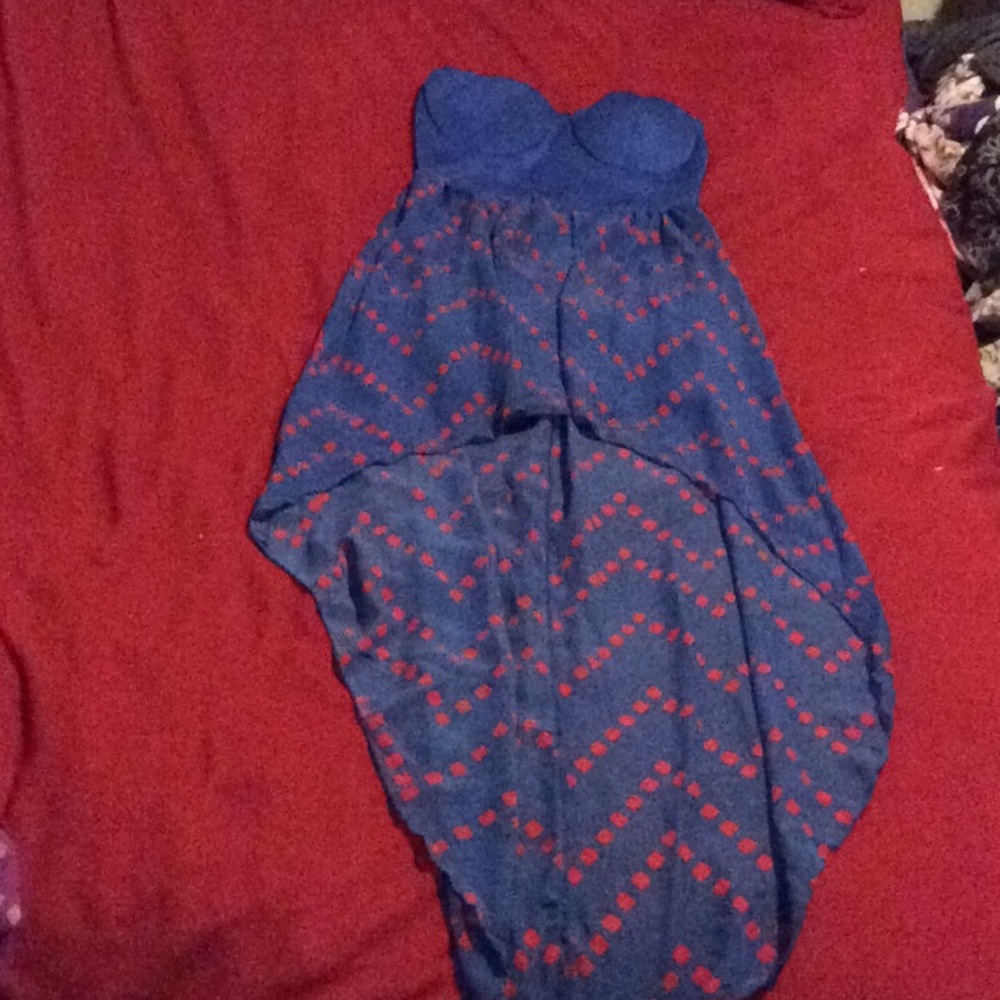 Indigo/red strapless high low flowy dress